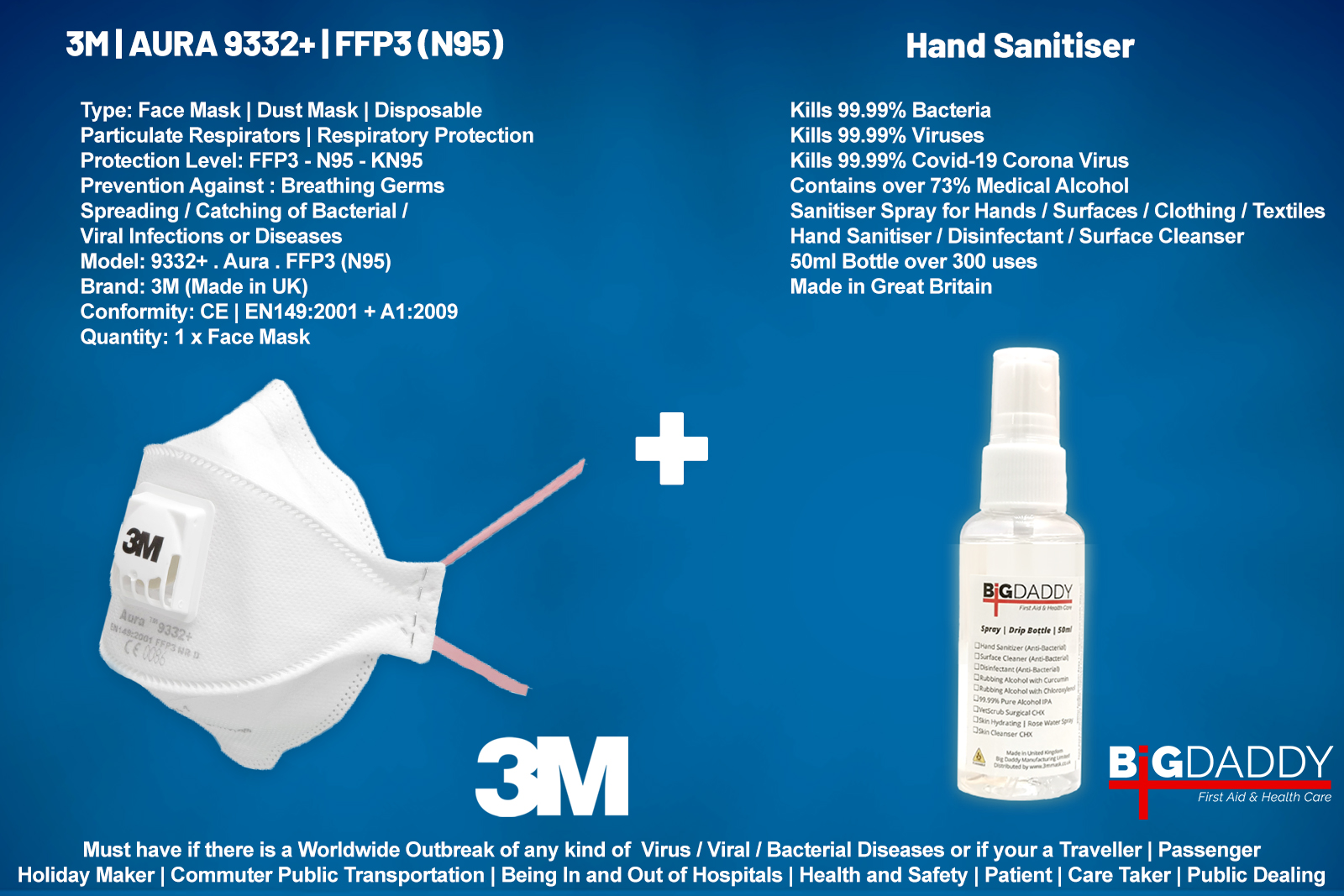 2in1 Protection Kit | Hand Sanitizer + 9332+ Aura N99 > N95 FFP3 3M Mask | CORONA VIRUS COVID-19 | Particulate Respirator | GERMS Filter Dust Face Mask
