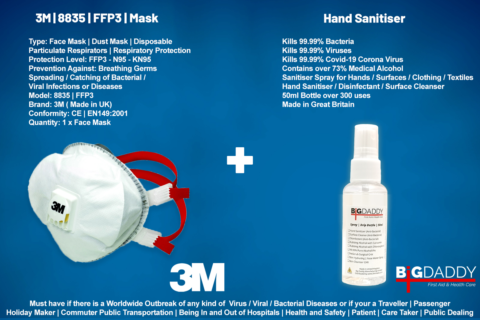 2in1 Protection Kit | Hand Sanitizer +  8835 N99 > N95 FFP3 3m Mask| GERMS Filter Dust Face Mask | Particulate Respirator | CORONA VIRUS COVID-19 Outbreak