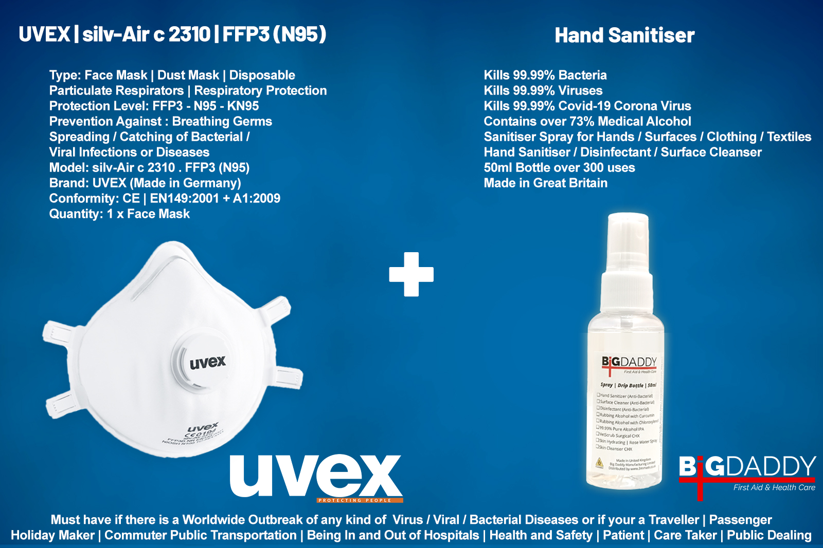 2in1 Protection Kit | Hand Sanitizer + Uvex Mask silv-Air c 2310 N99 > N95 FFP3 | CORONA VIRUS COVID-19 Outbreak | GERMS Filter Dust Face Mask | Particulate Respirator