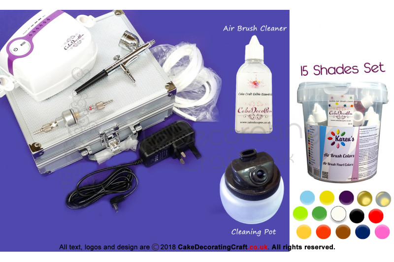 Karen's Air Brush Kit for Cake Makers and Decorators | Large Cup + Air Trap Filter + 15 x 20 ml Air Brush Colours + Air Brush Cleaning Pot