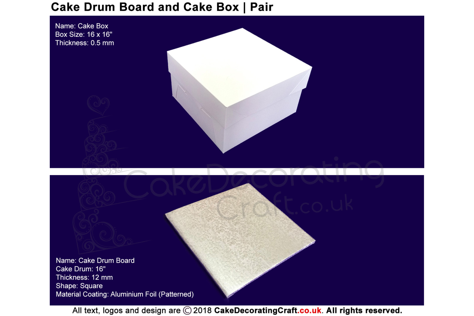 Cake Sqaure Drum Board + Box Pair | 16 Inch | Strong | Premium Quality