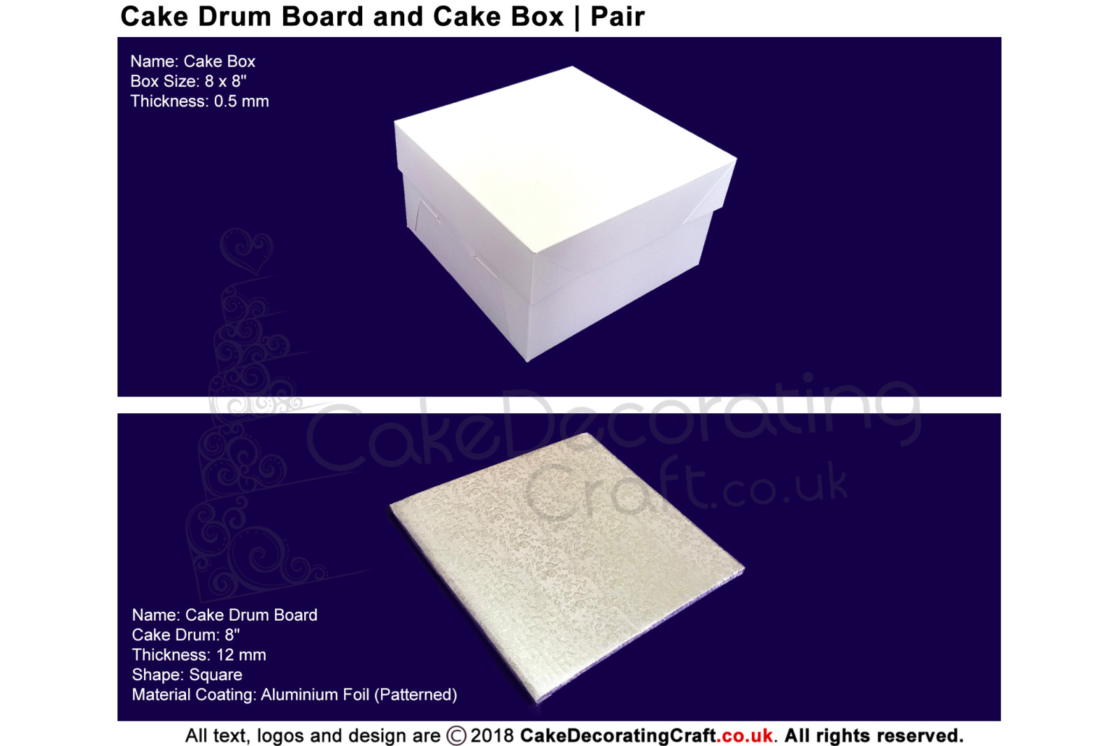 Cake Sqaure Drum Board + Box Pair | 8 Inch | Strong | Premium Quality
