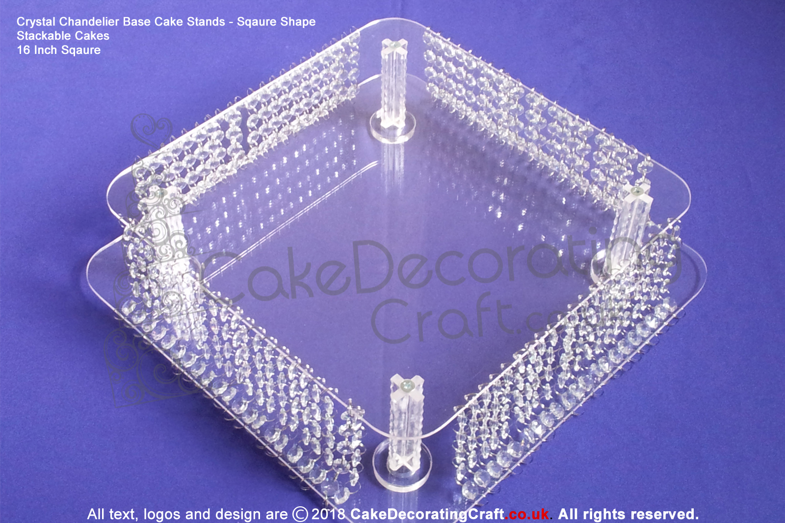 Chandelier Crystal Cake Base Stands | Stackable Wedding Cakes Display | 16.5" Sqaure Plate 10 cm Height | Single Base Stand | Real Glass Diamond Crystals