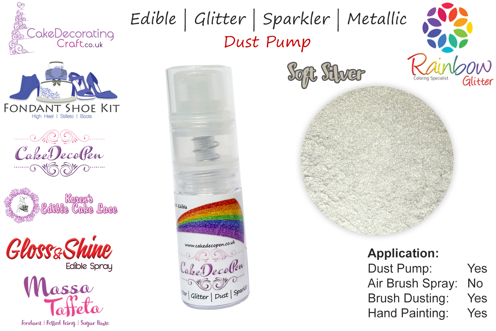 Soft Silver | Glitter | Sparkler | Edible | 8 Gram Dust Pump | Cake Decorating Craft