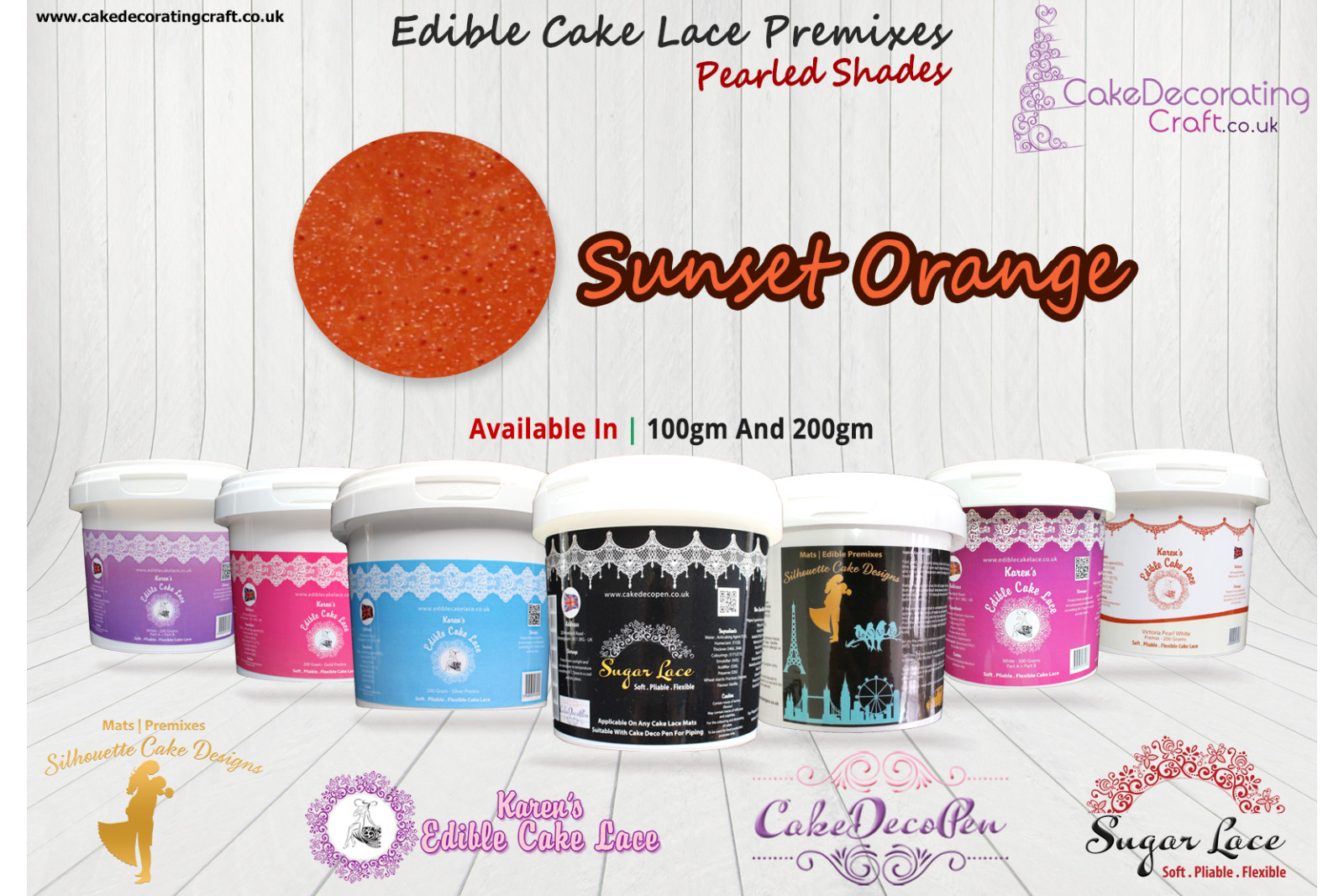 Sunset Orange | Edible Sugar Lace Deco Pen | Pearled Shade | 200 Grams