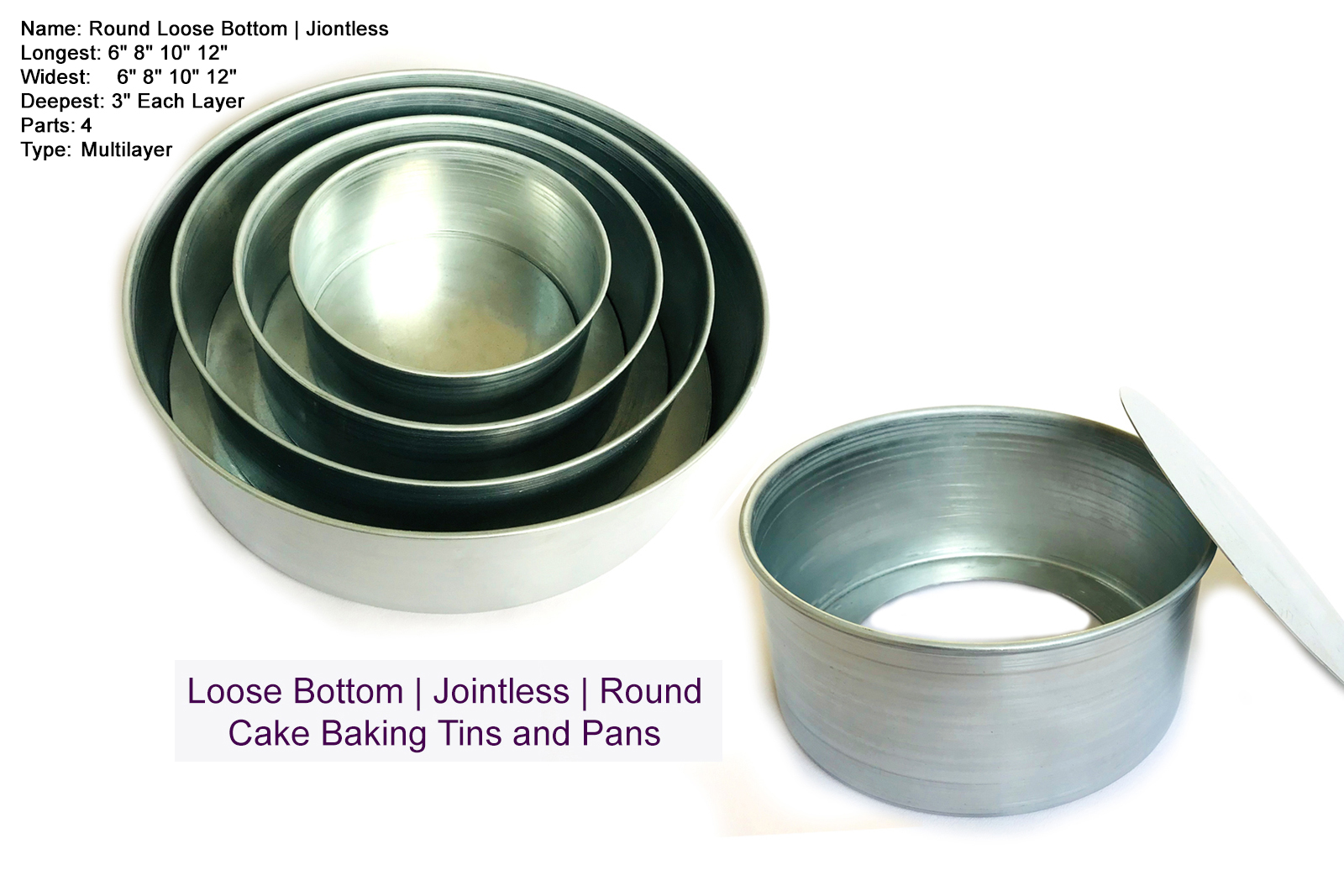 Loose Bottom 6 8 10 12 " | 3 Inch Deep |4 Tiers |  Jointless | Round Shape | Cake Baking Tins And Pans