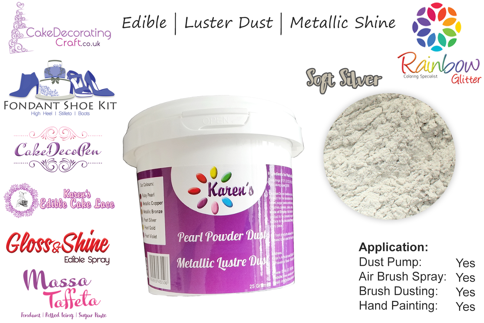 Soft Silver | Pearled | Luster | Shimmer | Gloss | Edible Dust | 25 Gram Pot | Cake Decorating Craft