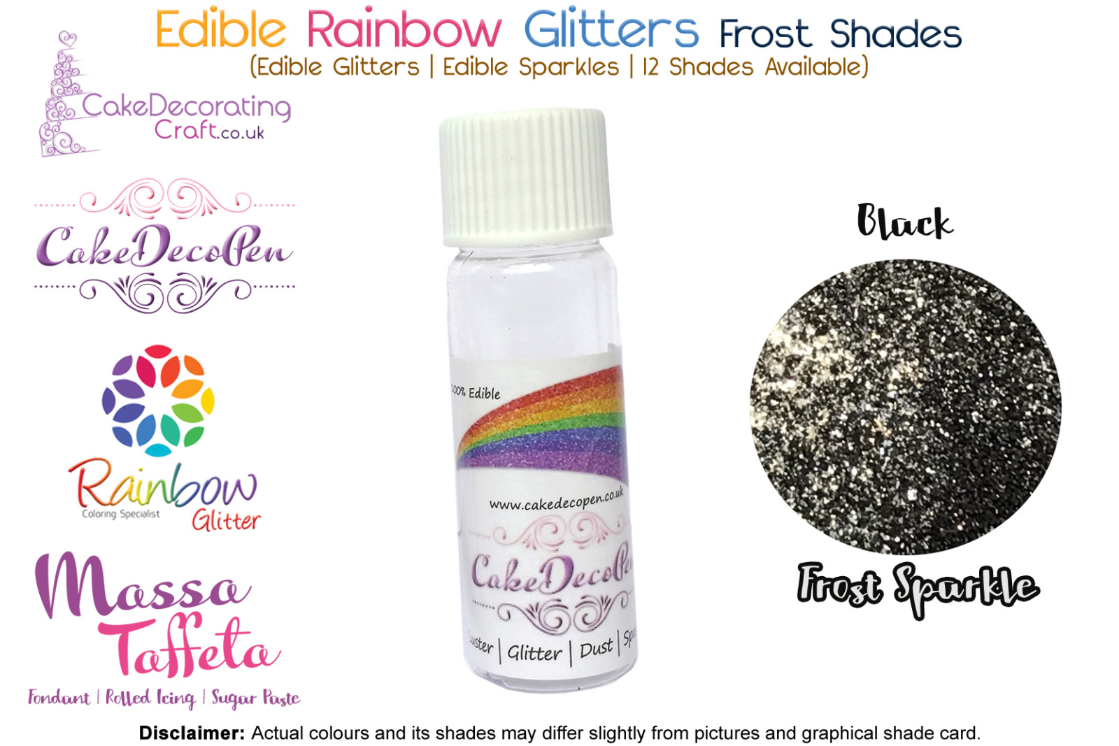 Black | Rainbow Glitter | Frost Shade | 100 % Edible | Cake Decorating Craft | 8 Grams