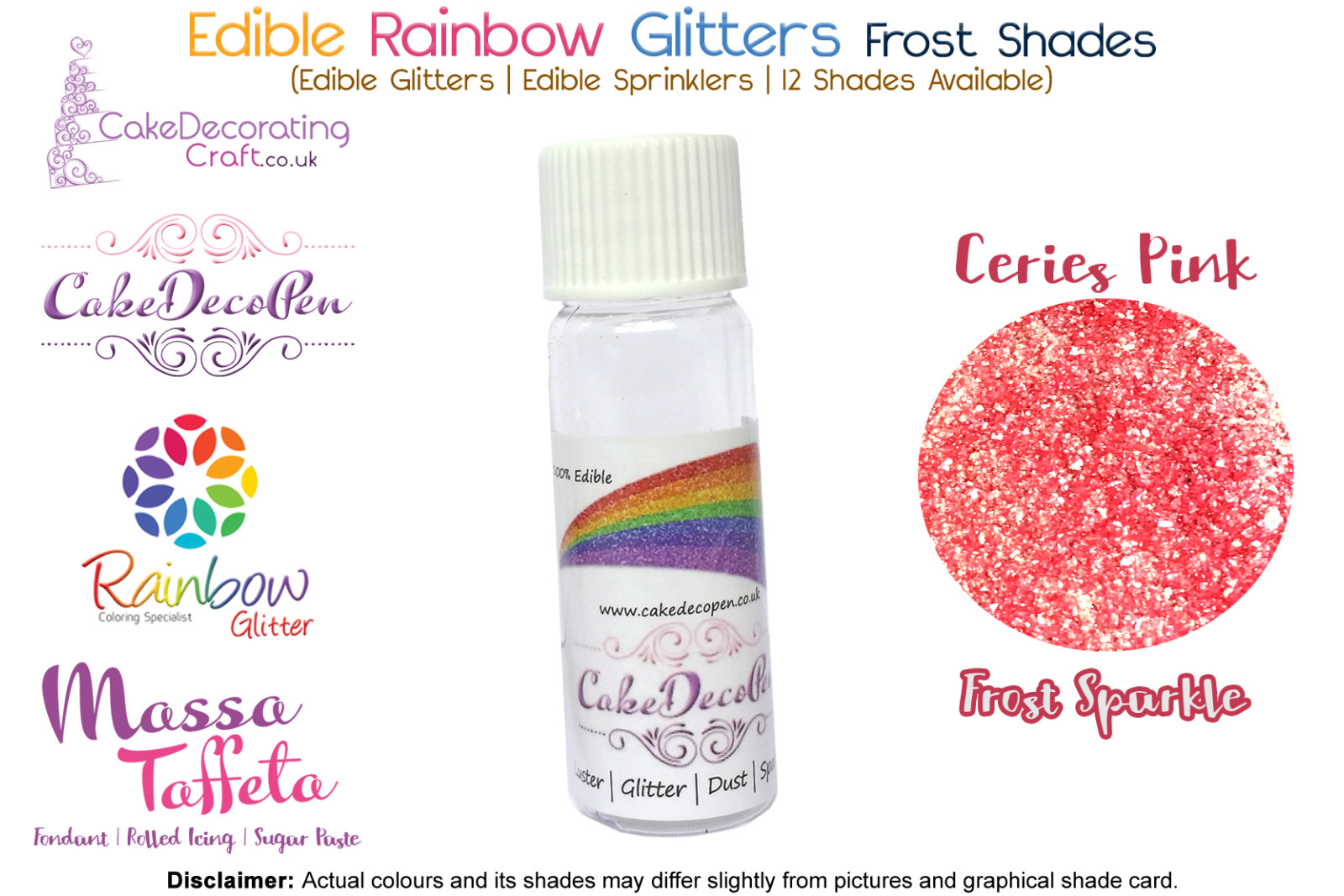 Cerise Pink | Rainbow Glitter | Frost Shade | 100 % Edible | Cake Decorating Craft | 8 Grams