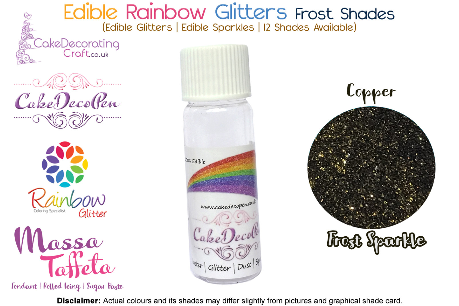Copper | Rainbow Glitter | Frost Shade | 100 % Edible | Cake Decorating Craft | 8 Grams