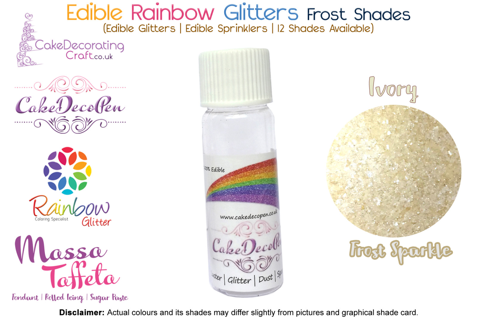 Ivory | Rainbow Glitter | Frost Shade | 100 % Edible | Cake Decorating Craft | 8 Grams