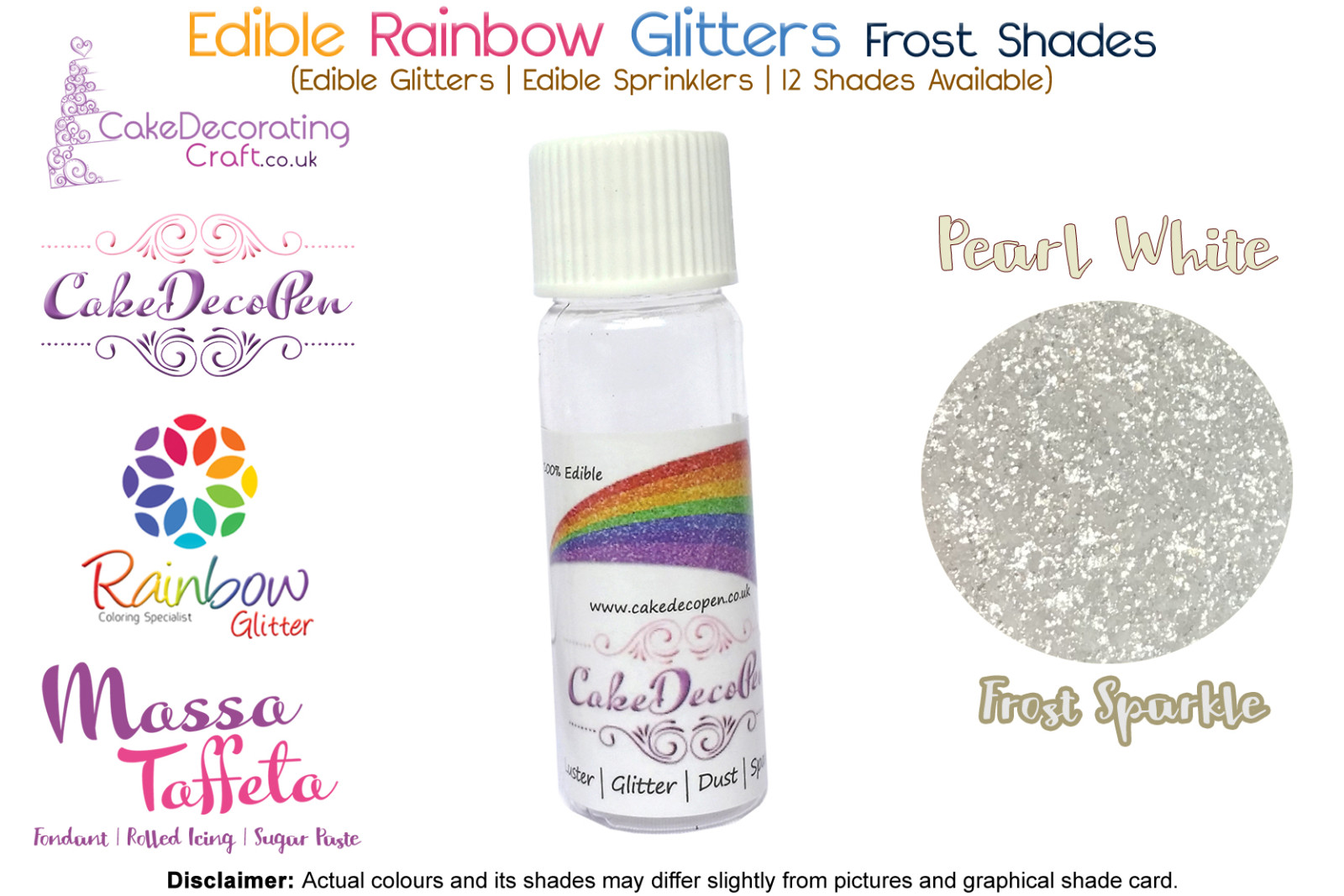 Pearl White | Rainbow Glitter | Frost Shade | 100 % Edible | Cake Decorating Craft | 8 Grams