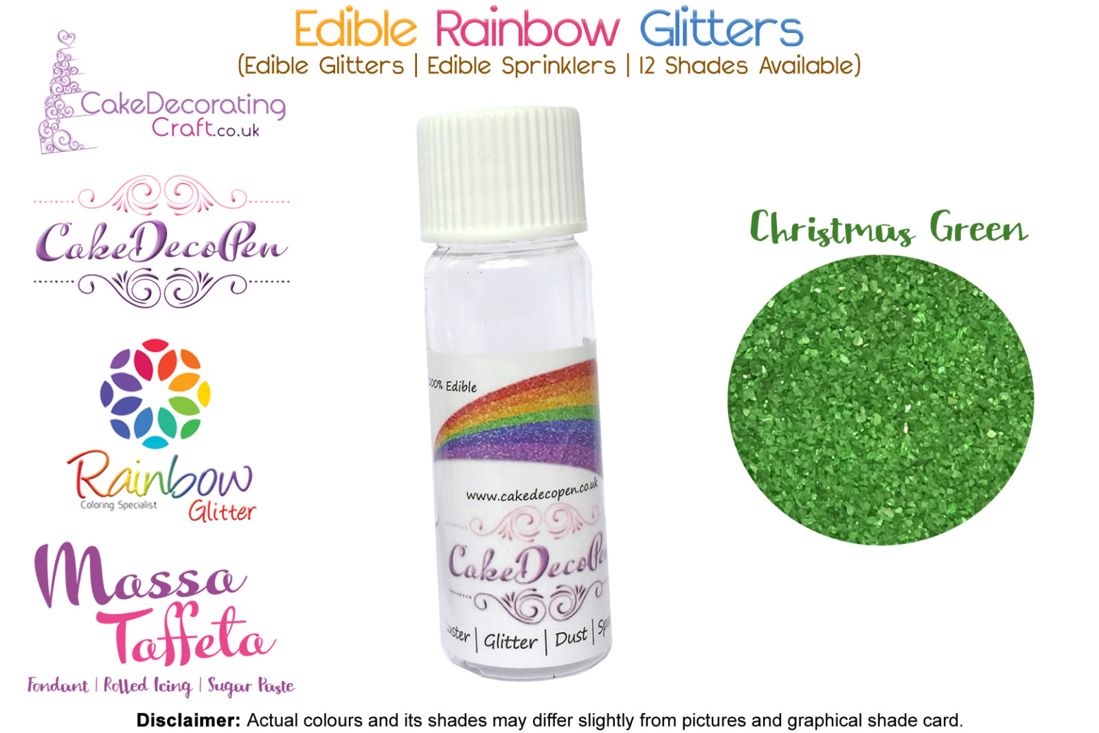 Christmas Green | Rainbow Glitter | Sprinklers | 100 % Edible | Cake Decorating Craft | 8 Grams | Great Christmas Bake Off