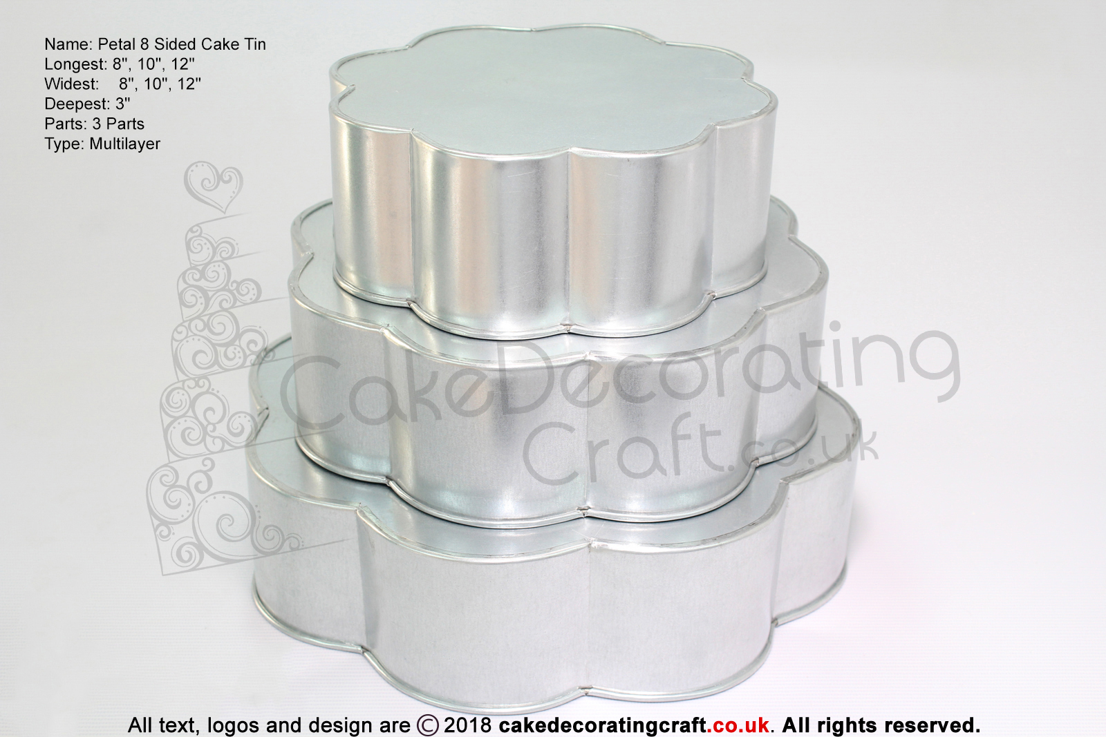 Petal 8 Sided Cake Baking Tins | 3" Deep | Size 8 10 12 " | 3 Tiers | Hand Made Tin