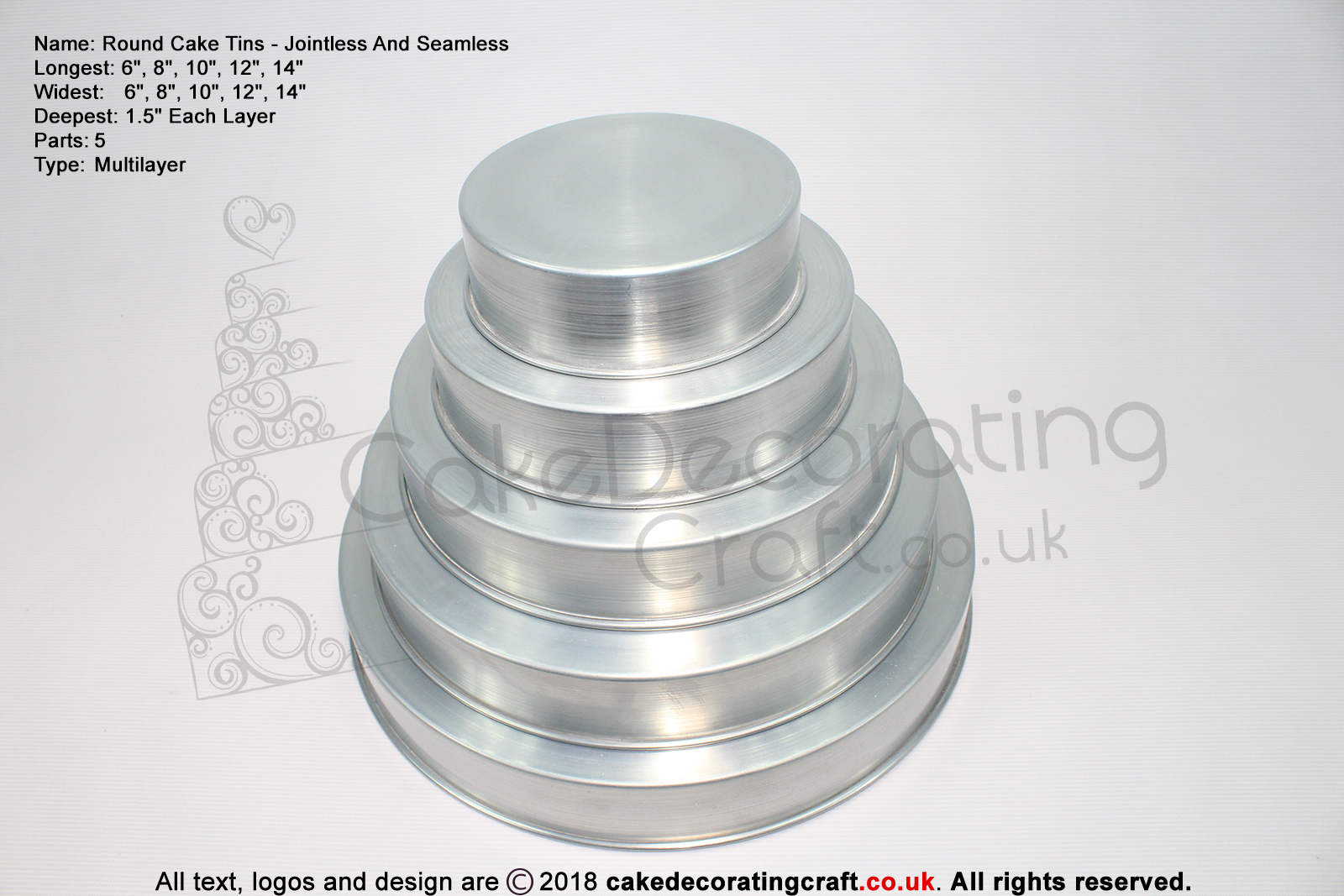 Round Cake Baking Tin | 1.5" Deep | Size 6 8 10 12 14 " | 5 Tiers | Jointless & Seamless | Rainbow Multi Layer