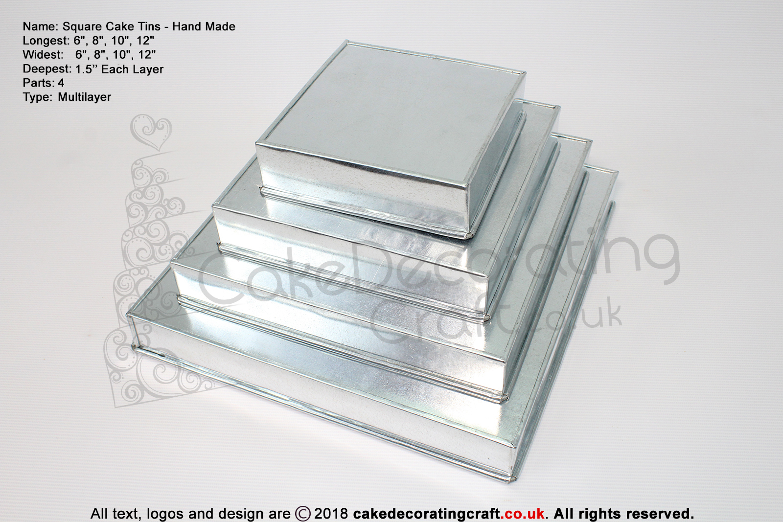 Square Cake Tins | 1.5 Inch Deep | 6 8 10 12 Inch | 4 Tier | Hand Made | Rainbow Multi Layer 