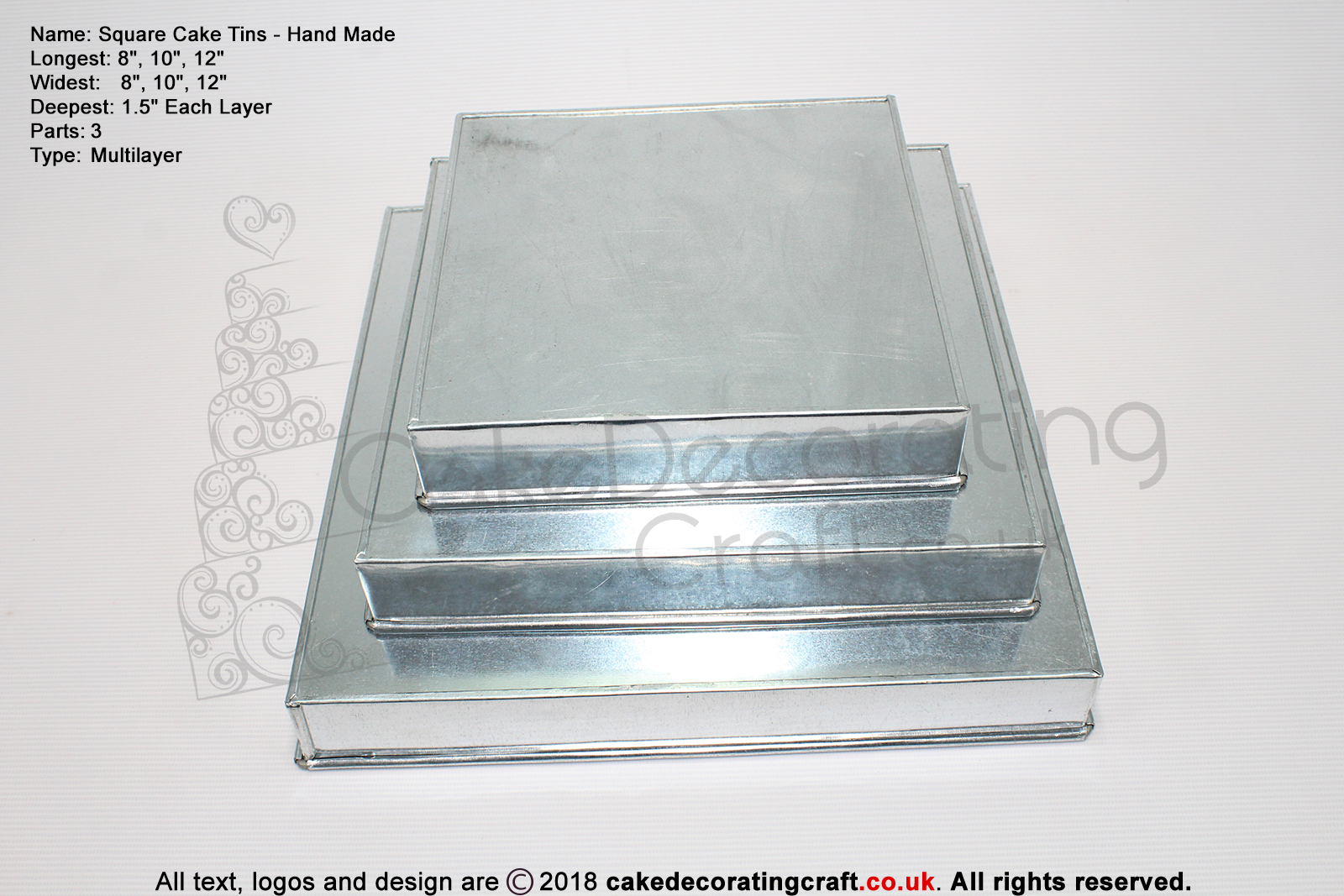 Square Cake Tins | 1.5 Inch Deep | 8 10 12 Inch | 3 Tier | Hand Made  | Rainbow Multi Layer 