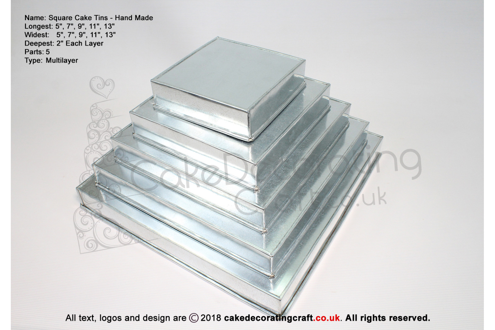 Square Cake Tins | 2 Inch Deep | 5 7 9 11 13 Inch | 5 Tier | Hand Made | Rainbow | Multi Layer 