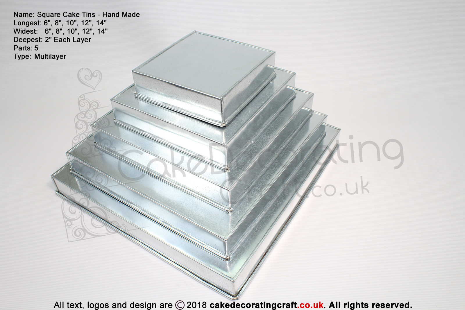 Square Cake Tins | 2 Inch Deep | 6 8 10 12 14 Inch | 5 Tier | Hand Made  | Rainbow | Multi Layer 