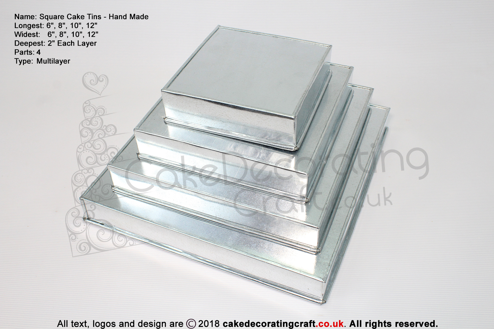 Square Cake Tins | 2 Inch Deep | 6 8 10 12 Inch | 4 Tier | Hand Made | Rainbow | Multi Layer 