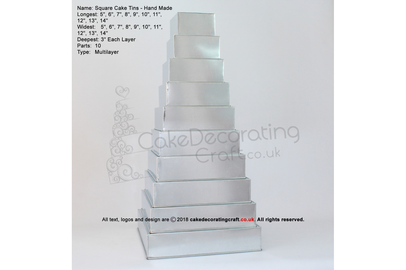 Square Cake Baking Tin | 3" Deep | Size 5 6 7 8 9 10 11 12 13 14 " | 10 Tiers | Hand Made