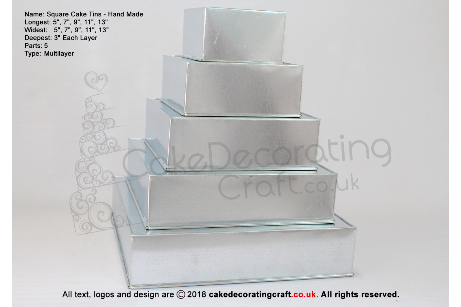 Square Cake Baking Tin | 3" Deep | Size 5 7 9 11 13 " | 5 Tiers | Hand Made