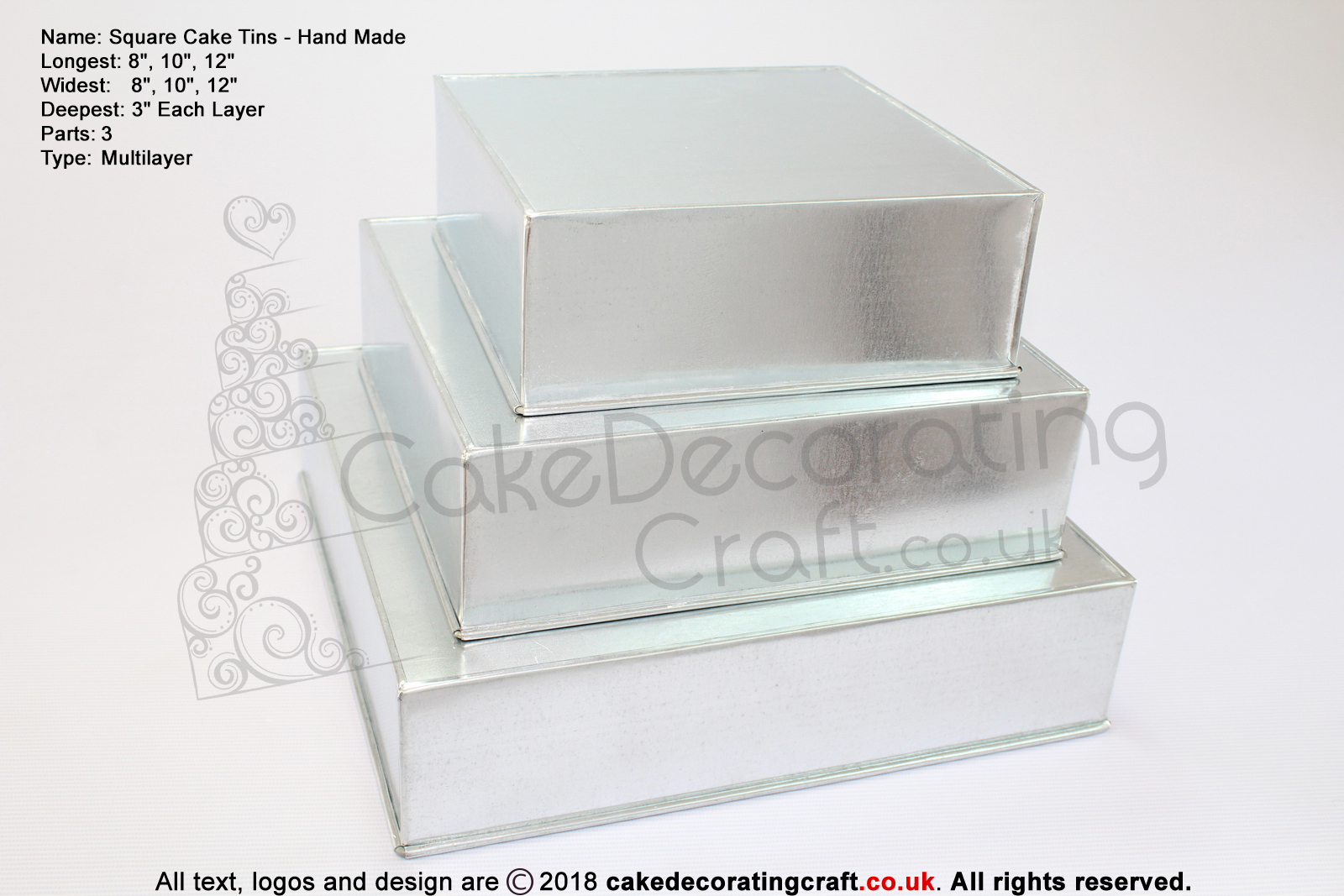 Square Cake Baking Tin | 3" Deep | Size 8 10 12 " | 3 Tiers | Hand Made