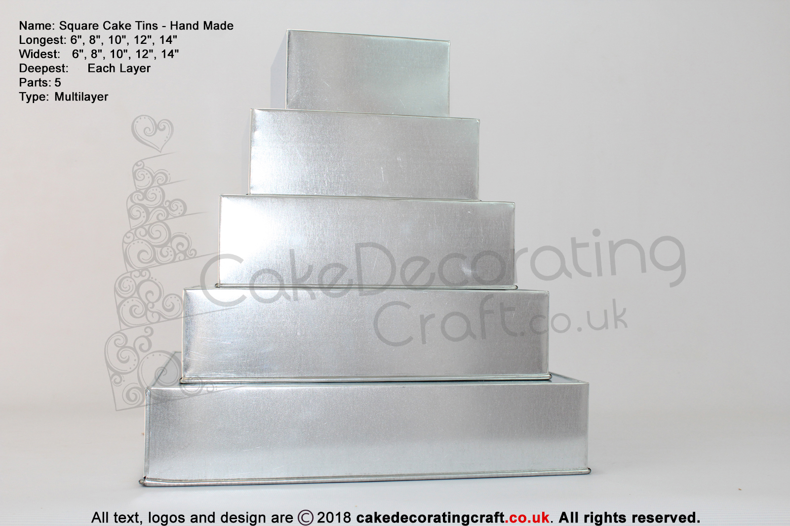 Square Cake Baking Tin | 4" Deep | Size 6 8 10 12 14 " | 5 Tiers | Hand Made