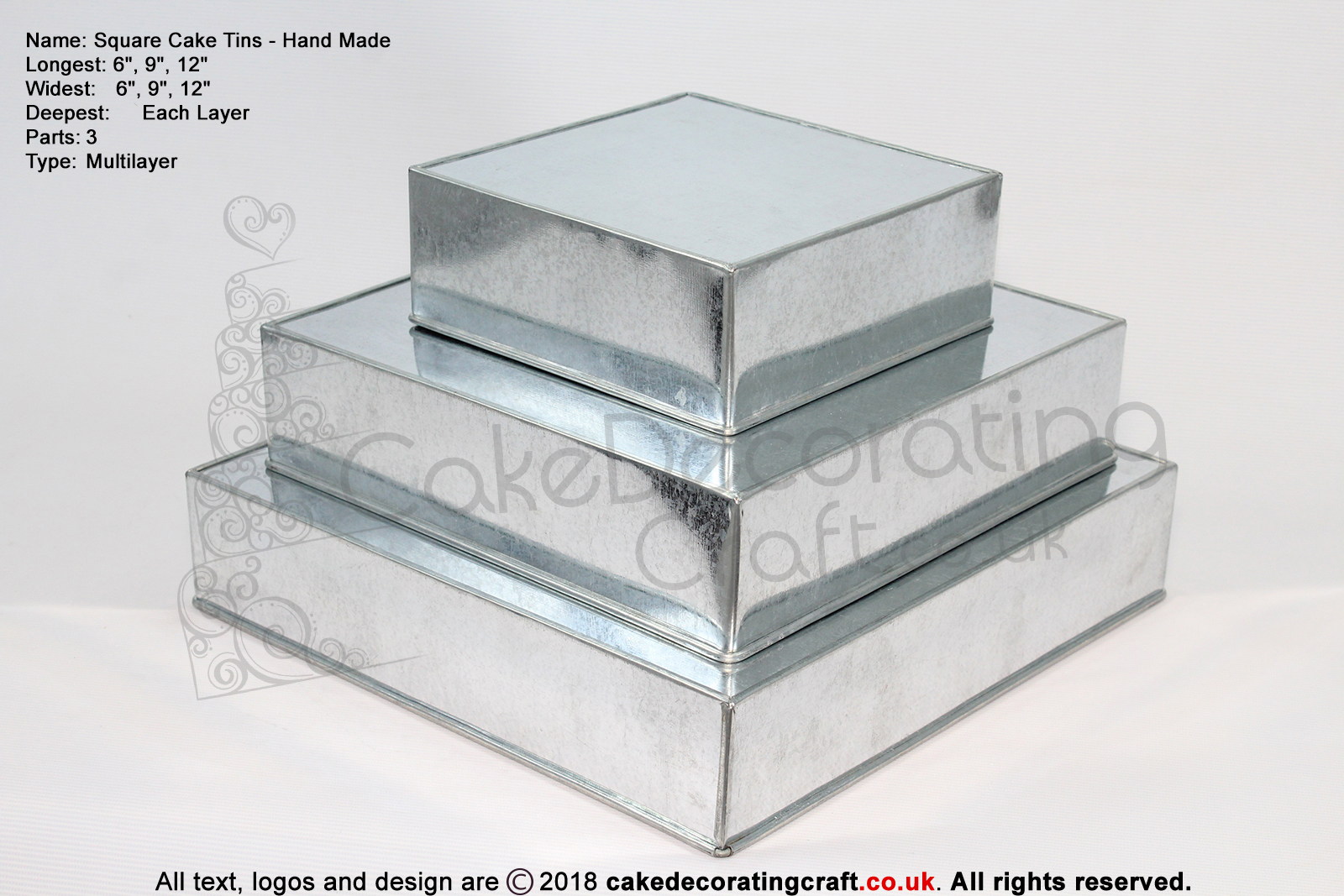 Square Cake Baking Tin | 4" Deep | Size 6 9 12 " | 3 Tiers | Hand Made