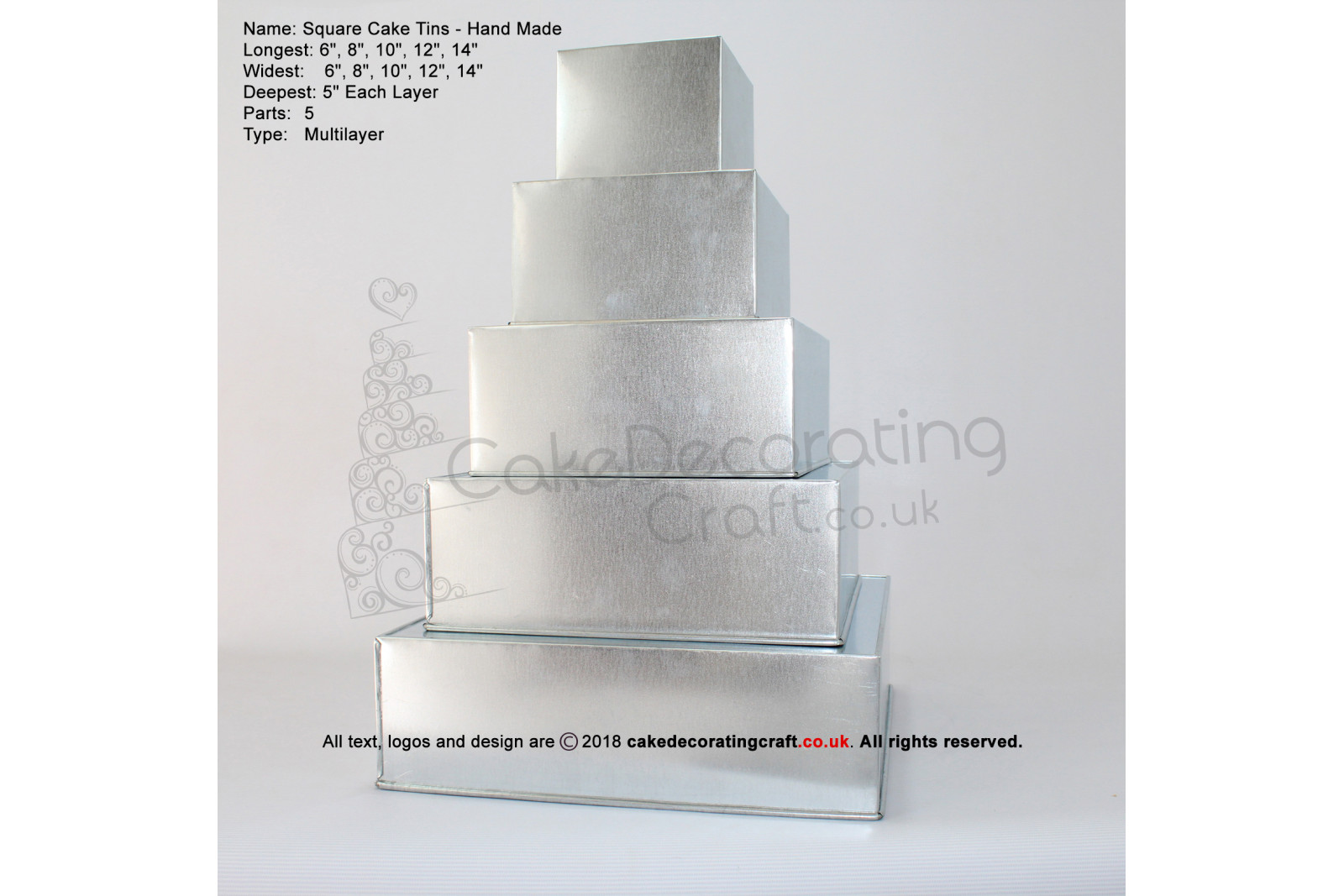 Square Cake Baking Tin | 5" Deep | Size 6 8 10 12 14 " | 5 Tiers