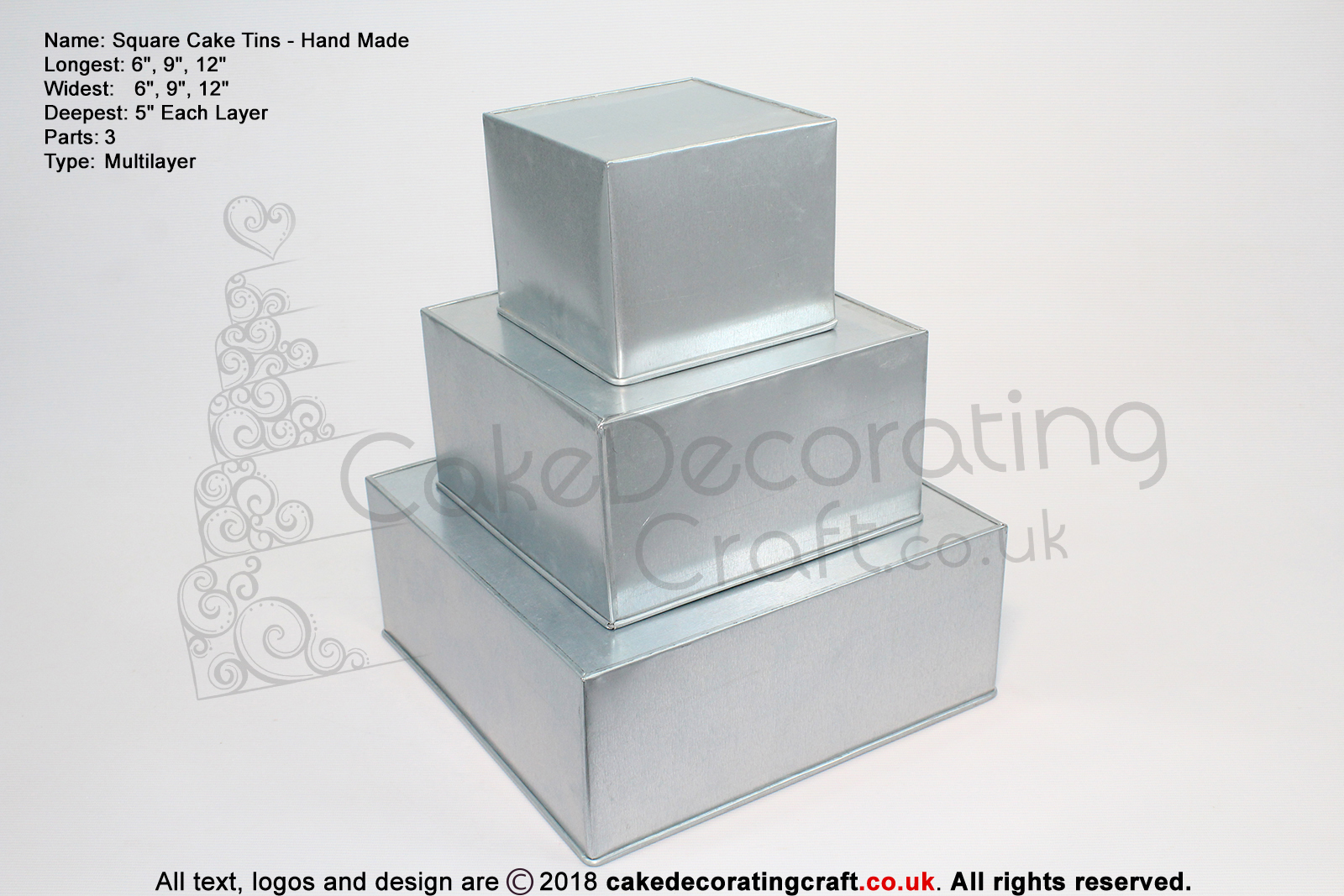 Square Cake Baking Tin | 5" Deep | Size 6 9 12 " | 3 Tiers | Hand Made