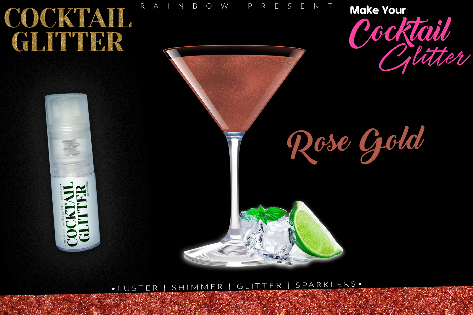 Glitzy Cocktail Glitter and Sparkling Effect | Edible | Rose Gold 