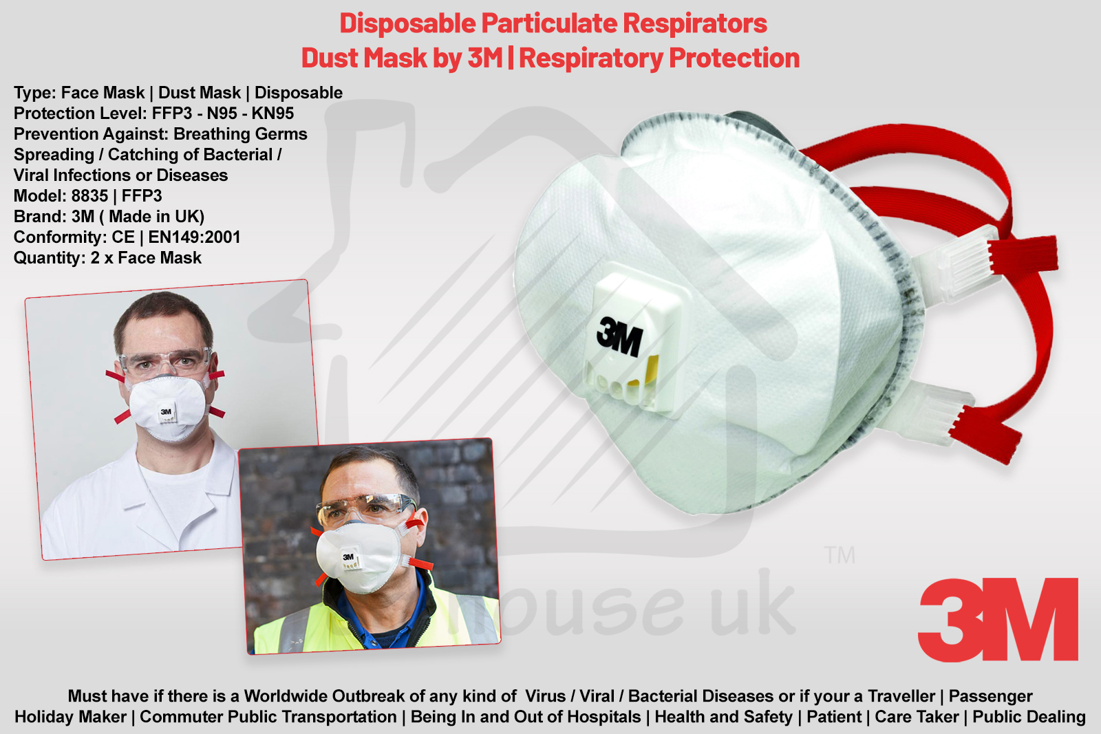 3M GERMS Filter Dust Face Mask | 8835+ Red FFP3 N99 > N95 | CORONA VIRUS COVID-19 Outbreak | Particulate Respirator | Qty 2 pc