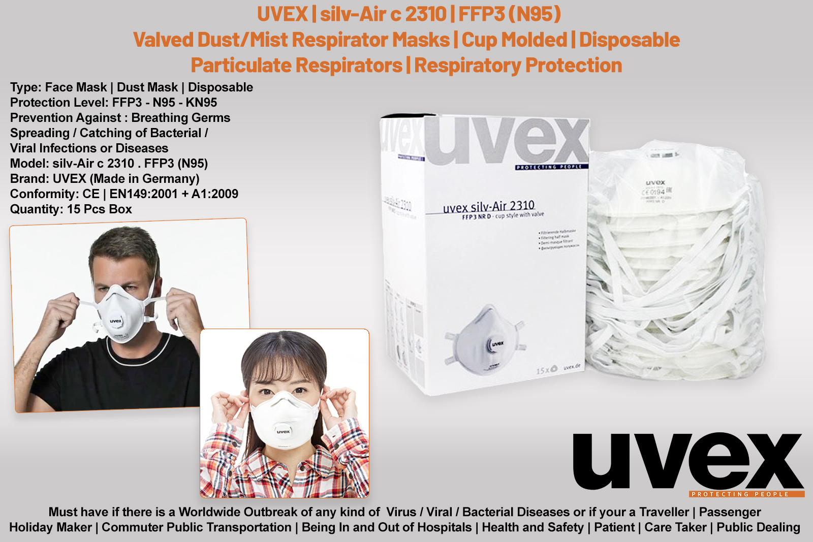CORONA VIRUS COVID-19 Outbreak | Uvex Mask silv-Air c 2310 N99 > N95 FFP3 | GERMS Filter Dust Face Mask | Particulate Respirator | Qty 15 Pcs Box 